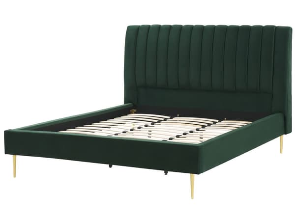 Seng Grøn Guld Velour Metal 160 x 200 cm Moderne Blød Dobbeltseng Kanal Tuftet Hovedgærde Design Sengeramme med Lamelbund