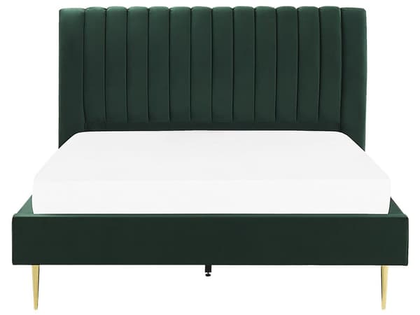 Seng Grøn Guld Velour Metal 160 x 200 cm Moderne Blød Dobbeltseng Kanal Tuftet Hovedgærde Design Sengeramme med Lamelbund