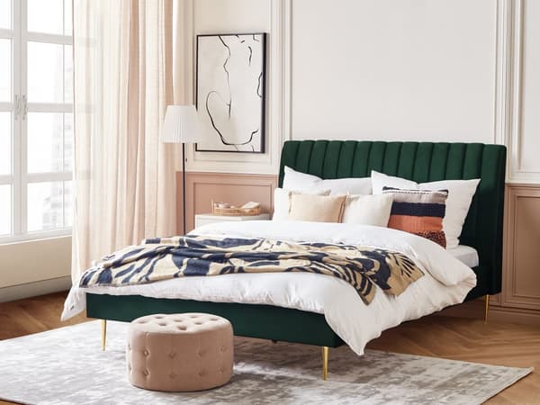 Seng Grøn Guld Velour Metal 160 x 200 cm Moderne Blød Dobbeltseng Kanal Tuftet Hovedgærde Design Sengeramme med Lamelbund