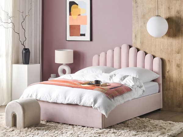 Seng med oppbevaring Rosa Fløyel 160 x 200 cm Dekorativ sengegavl Elegant Glamorøs Innredning Soverom