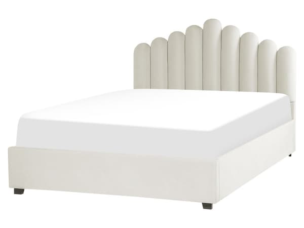 Dubbelsäng med Förvaring Vit Sammet 160 x 200 cm Snäckskal Sänggavel Lamellbas
