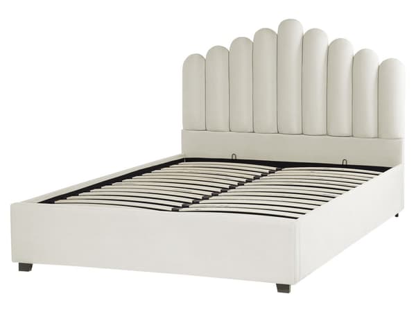 Dubbelsäng med Förvaring Vit Sammet 160 x 200 cm Snäckskal Sänggavel Lamellbas