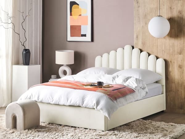 Seng Hvid Velour 160 x 200 cm Moderne Dobbeltseng med Opbevaring Polstret Kanal Tuftet Sengegavl Design