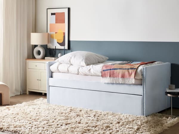 Underseng lyseblå fløjl Trælameller 90 x 200 cm Daybed Glamour Dekorative knapper minimalistisk kompakt skandinavisk