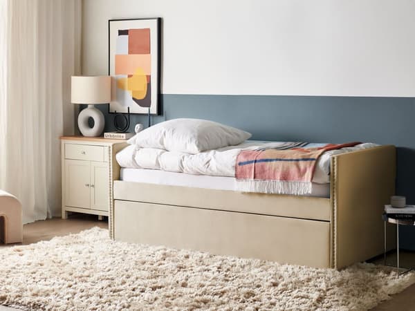 Sohvasänky beige 90 x 200 cm samettiverhoilu ulosvedettävä lisävuode sälepohja moderni