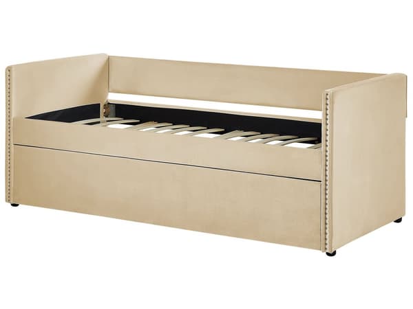 Sohvasänky beige 90 x 200 cm samettiverhoilu ulosvedettävä lisävuode sälepohja moderni