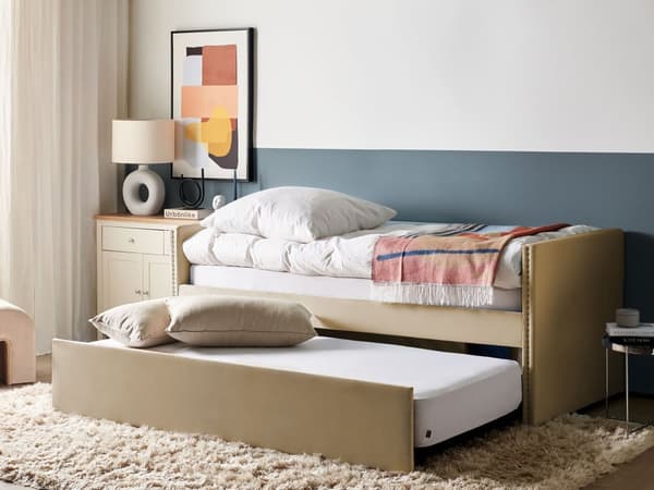 Sohvasänky beige 90 x 200 cm samettiverhoilu ulosvedettävä lisävuode sälepohja moderni