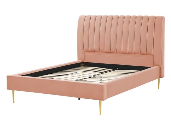 Seng Ferskenrosa Fløyel 140 x 200 cm Sengegavl Lamellbunn Glamour Moderne design Soverom