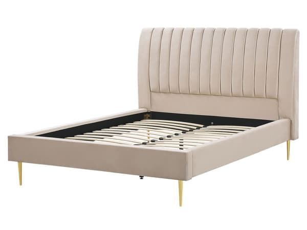 Seng Beige Fløyel 160 x 200 cm Sengegavl Lamellbunn Glamour Moderne design Soverom
