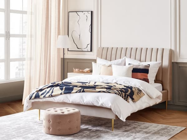 Seng Beige Fløyel 160 x 200 cm Sengegavl Lamellbunn Glamour Moderne design Soverom