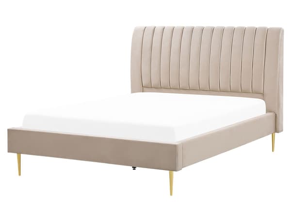 Seng Beige Fløyel 160 x 200 cm Sengegavl Lamellbunn Glamour Moderne design Soverom