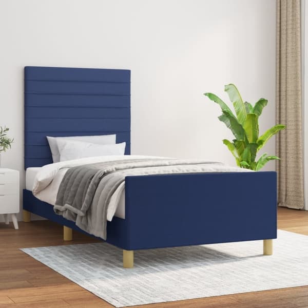 vidaXL sengeramme med sengegavl 90x200 cm stof blå