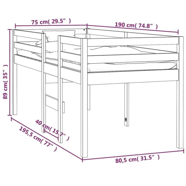 vidaXL højseng 75x190 cm massivt fyrretræ
