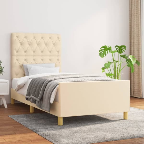 vidaXL Sängram med huvudgavel gräddvit 80x200 cm tyg
