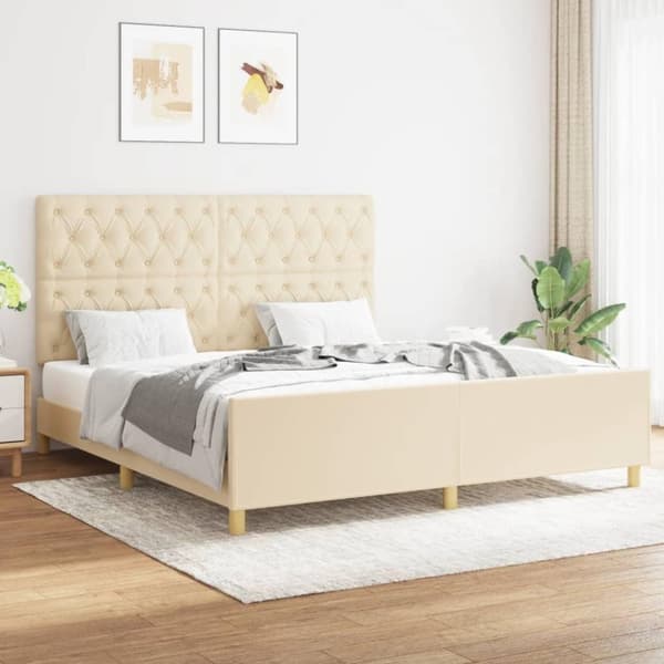 vidaXL sengeramme med sengegavl 160x200 cm stof cremefarvet