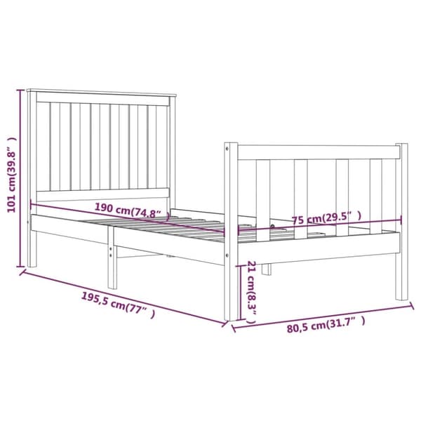vidaXL Sängram svart massiv furu 75x190 cm