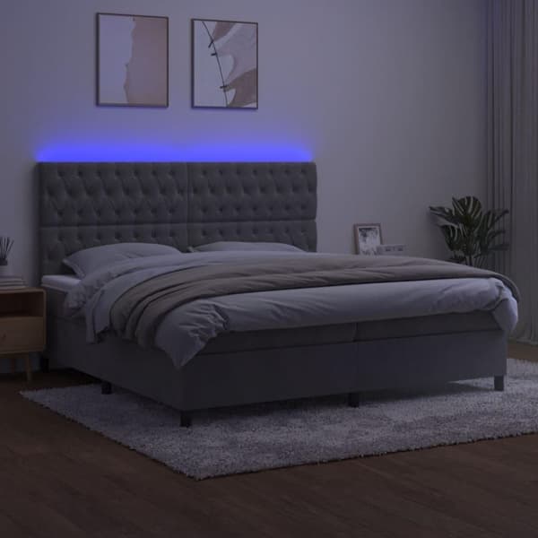 vidaXL kontinentalseng med LED-lys 200x200 cm fløjl lysegrå