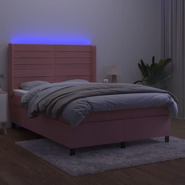 vidaXL kontinentalseng med LED-lys 140x200 cm fløjl lyserød