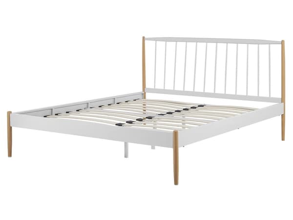 Dobbeltseng hvit metall lyse treben 160 x 200 cm Trekvart metallseng med ramme sengegavl Skandinavisk retrokvalitetsseng til tenåringsrommet