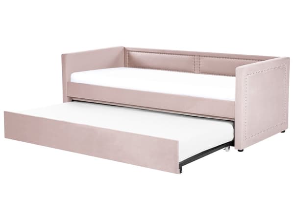 Sohvasänky pastellipinkki 90 x 200 cm vakosamettiverhoilu sälepohja ulosvedettävä lisävuode verhoilunaulat
