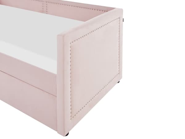 Sohvasänky pastellipinkki 90 x 200 cm vakosamettiverhoilu sälepohja ulosvedettävä lisävuode verhoilunaulat