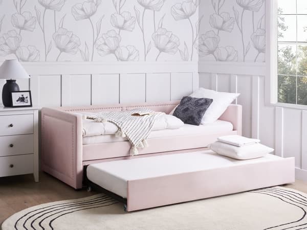Sohvasänky pastellipinkki 90 x 200 cm vakosamettiverhoilu sälepohja ulosvedettävä lisävuode verhoilunaulat