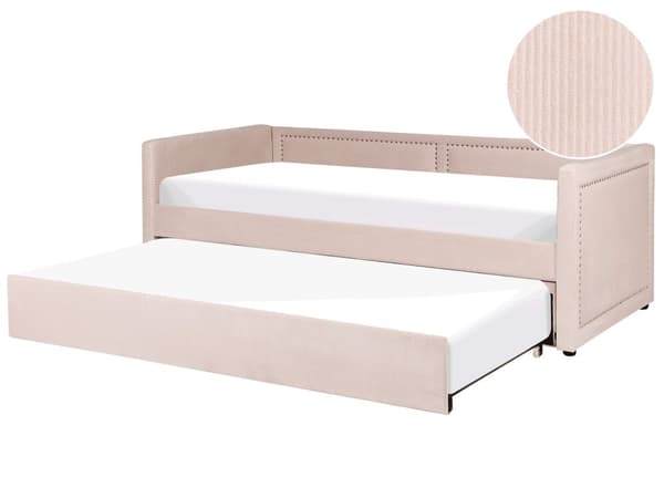 Sohvasänky pastellipinkki 90 x 200 cm vakosamettiverhoilu sälepohja ulosvedettävä lisävuode verhoilunaulat