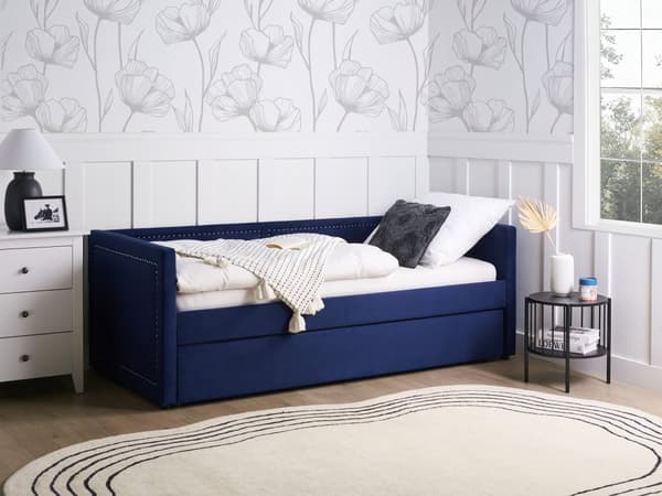 Sohvasänky laivastonsininen 90 x 200 cm vakosamettiverhoilu sälepohja ulosvedettävä lisävuode verhoilunaulat