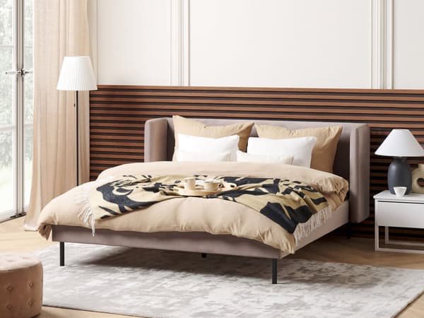 Grå Beige Seng med Stel Betrukket med Velour 160 x 200 cm Sengegavl med Vinger Klassisk Look