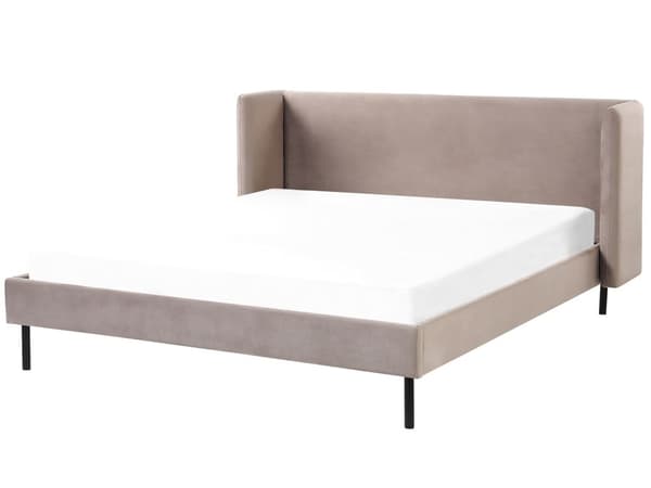 Grå Beige Seng med Stel Betrukket med Velour 160 x 200 cm Sengegavl med Vinger Klassisk Look
