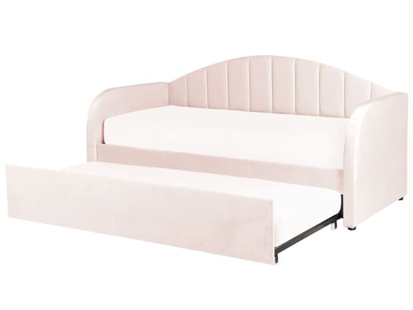 Sohvasänky pastellipinkki 90 x 200 cm samettiverhoilu ulosvedettävä lisävuode sälepohja moderni