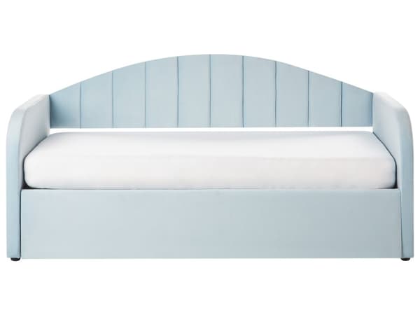 Sohvasänky vaaleansininen 90 x 200 cm samettiverhoilu ulosvedettävä lisävuode sälepohja moderni
