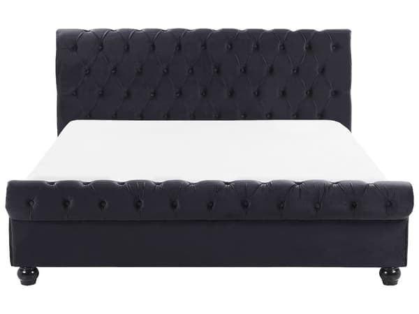 Sengeramme Svart Fløyelstrekk Svarte Treben 140 x 200 cm Knappet Rygg Glamour