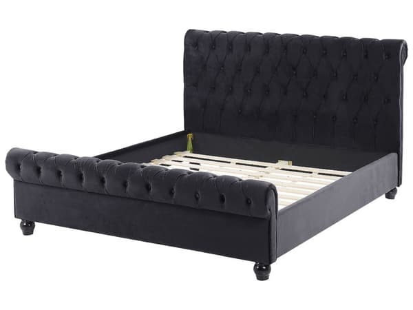 Sengeramme Svart Fløyelstrekk Svarte Treben 140 x 200 cm Knappet Rygg Glamour