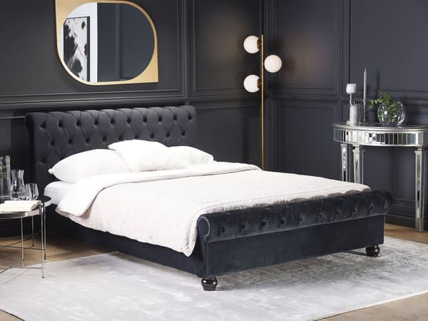 Sengeramme Svart Fløyelstrekk Svarte Treben 140 x 200 cm Knappet Rygg Glamour