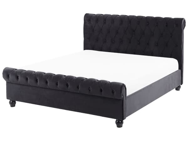 Sengeramme Svart Fløyelstrekk Svarte Treben 140 x 200 cm Knappet Rygg Glamour