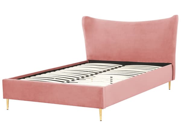Lyserød Velour Seng med Stel 140 x 200 cm Guldpolstrede ben Sengegavl Moderne Glamourstil