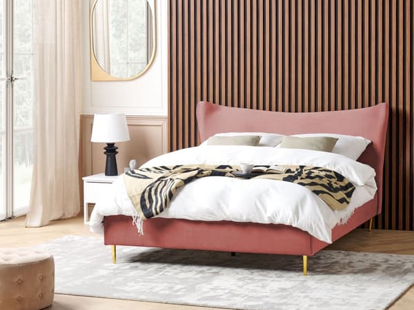 Lyserød Velourseng med Stel 160 x 200 cm Guldpolstrede Ben Sengegavl Moderne Glamourøs stil
