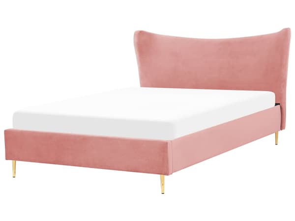 Lyserød Velourseng med Stel 160 x 200 cm Guldpolstrede Ben Sengegavl Moderne Glamourøs stil