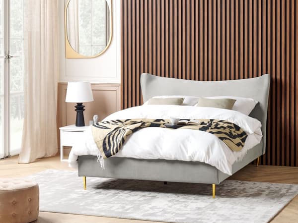 Grå velourseng med stel 140 x 200 cm guldpolstrede ben sengegavl moderne glamourøs stil