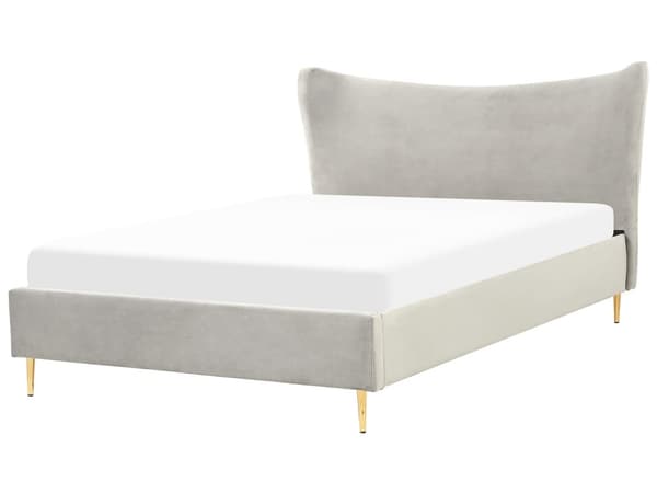 Grå velourseng med stel 160 x 200 cm guldpolstrede ben sengegavl moderne glamourøs stil