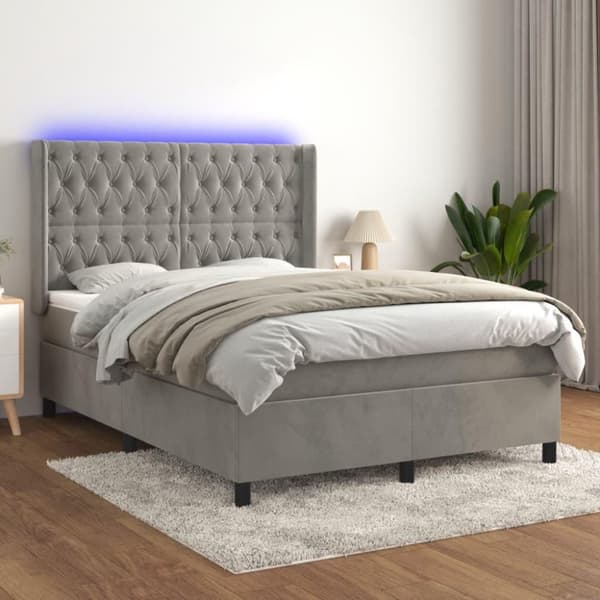 vidaXL Ramsäng med madrass & LED ljusgrå 140x200 cm sammet