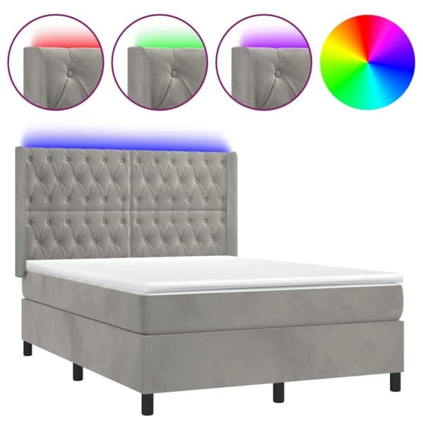 vidaXL Ramsäng med madrass & LED ljusgrå 140x200 cm sammet