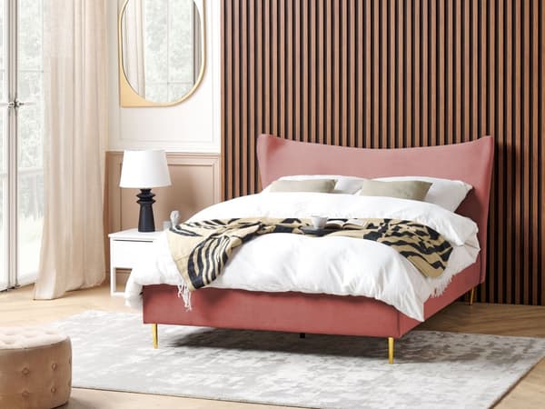Seng Rosa Fløyel 140 x 200 cm Sengeramme Metallben Lamellbunn Sengegavl Moderne Glamour Soverom