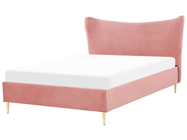 Seng Rosa Fløyel 140 x 200 cm Sengeramme Metallben Lamellbunn Sengegavl Moderne Glamour Soverom