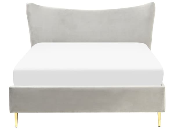 Dubbelsäng Ljusgrå 140 x 200 cm Sammet Klädd Ram Metallben Lamellbas Sänggavel Modern Glamorös Stil Sovrum