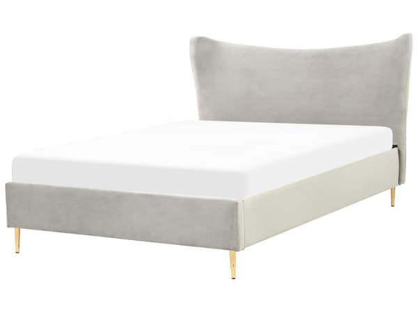 Dubbelsäng Ljusgrå 140 x 200 cm Sammet Klädd Ram Metallben Lamellbas Sänggavel Modern Glamorös Stil Sovrum