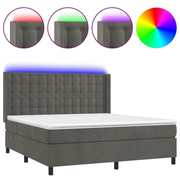 vidaXL Ramsäng med madrass & LED mörkgrå 180x200 cm sammet