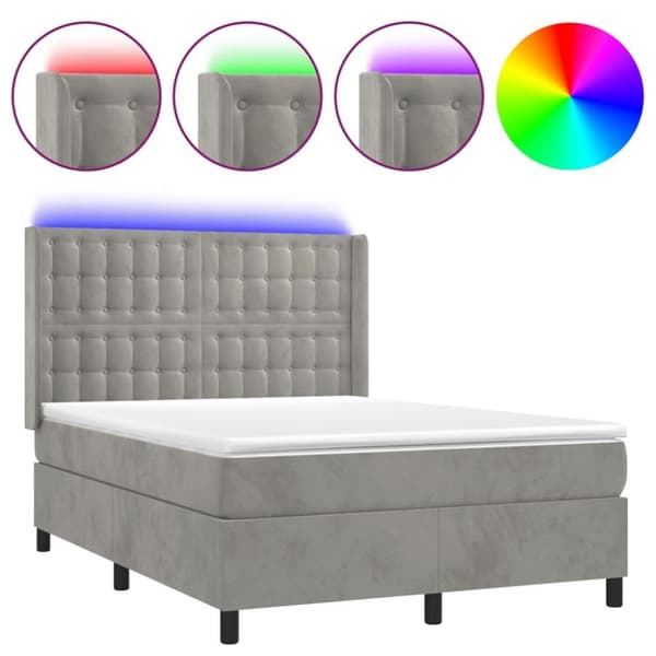 vidaXL Ramsäng med madrass & LED ljusgrå 140x200 cm sammet
