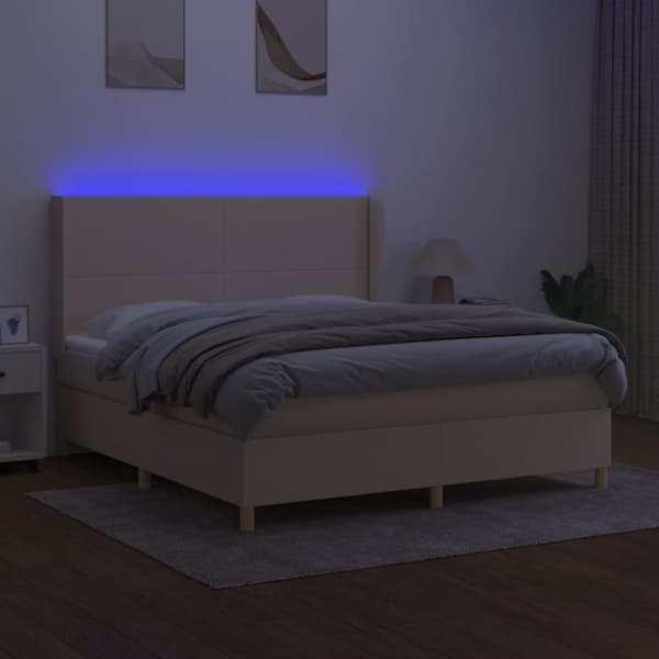 vidaXL Ramsäng med madrass & LED gräddvit 160x200 cm tyg